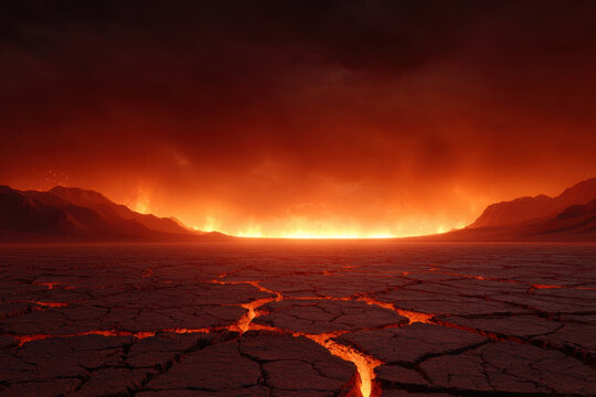 Dried lava plain volcanic fire cracked ground molten light dark sky hot horizon barren landscape ash cloud glowing lava mountain silhouette