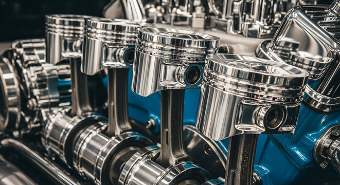 V8 Engine Pistons, Chrome and Blue Details, Automotive Power