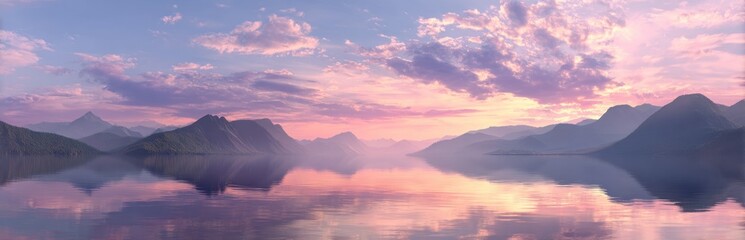 Fototapeta premium Panoramic view of mountains reflected in calm water at sunset with colorful sky