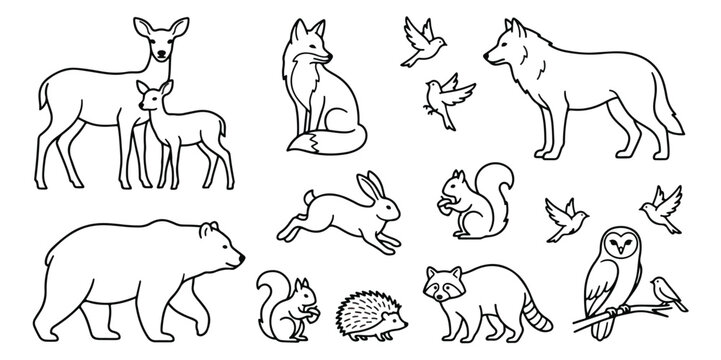 Minimalist forest animals line art set, woodland wildlife vector icons, black and white nature sketches