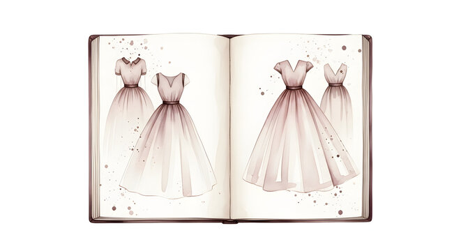 Open sketchbook with hand-drawn vintage fashion illustrations of elegant gowns. Sepia watercolor style dress designs with full skirts and belts isolated on a white background.