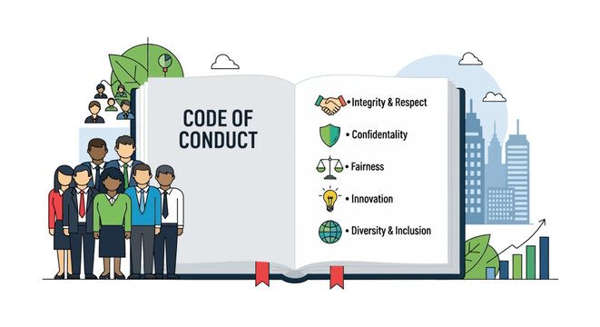 Corporate team illustrates code of conduct for compliance in office
