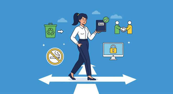 Employee follows corporate compliance rules on computer illustration