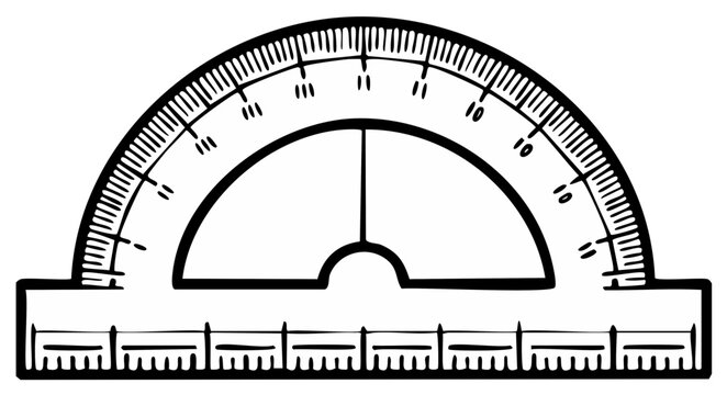 A detailed illustration of a semi circular protractor with precise measurements for geometry and drafting