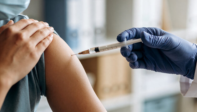 Nurse with medical glove injecting vaccine into shoulder of woman. Vaccination procedure in clinic. Preventive healthcare and immunization concept to protect adult against virus infection.