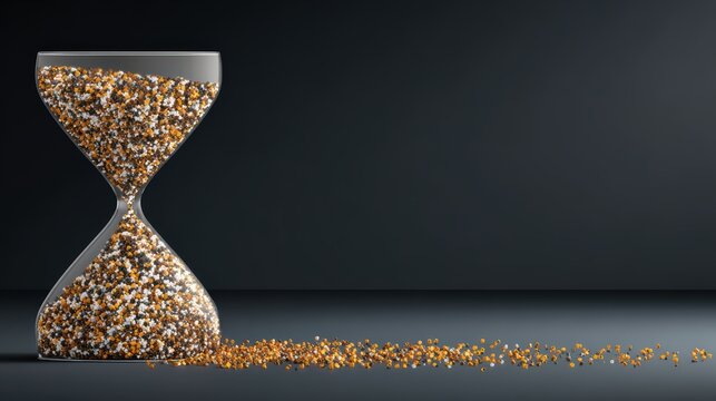 Hourglass with Glittering Sand: A dramatic hourglass filled with glittering, golden sand symbolizes the passage of time, the concept of urgency, and the fleeting nature of moments, against a dark.