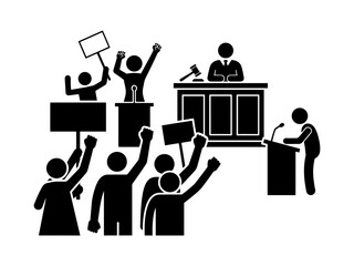 Fototapeta premium Silhouette vector depiction of a courtroom scene with a judge presiding while protesters hold signs and speakers address the court during a legal trial.