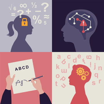Learning disabilities and neurodiversity concept illustration set &ndash; Dyslexia, Dyscalculia, Dysgraphia and cognitive processing disorders.