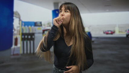 Young hispanic woman coughing into hand beneath gas station canopy with fuel pumps and parked cars visible  sickness concern. © Krakenimages.com