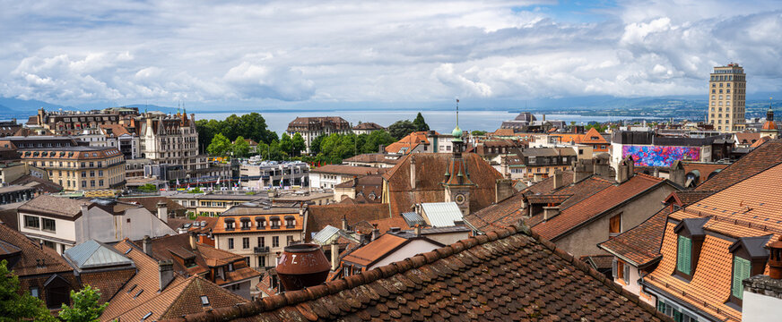 Rooftop panoramic view over a historic city of Lausanne, Switzerland