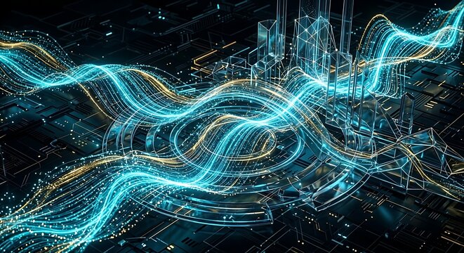 Abstract digital data stream and light waves flowing over a circuit board background.