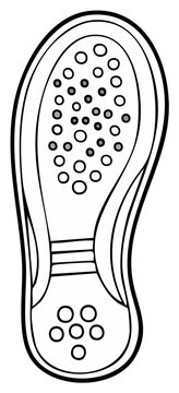 Black and white line art illustration of a shoe sole with distinctive circular patterned texture
