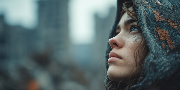 Woman looking up in hooded cloak with freckles and intense blue eyes