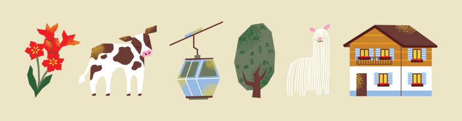 Alpine travel and mountain lifestyle vector elements set. Flat illustrations of Swiss alpine flowers, cow, cable car gondola, green tree, cute fluffy alpaca or llama, and traditional chalet house © Olexandra Simkina