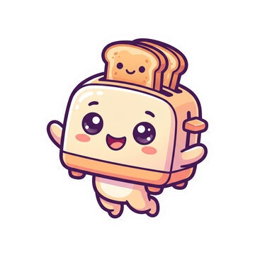 Kawaii toaster character with cute smiling bread slices jumping for breakfast joy Illustration