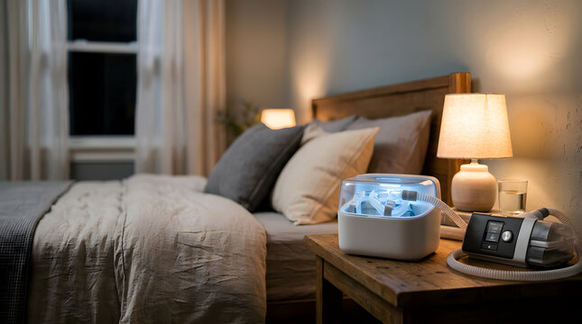 medical cpap sanitizing machine with illuminated chamber next to sleep apnea therapy equipment on wooden nightstand