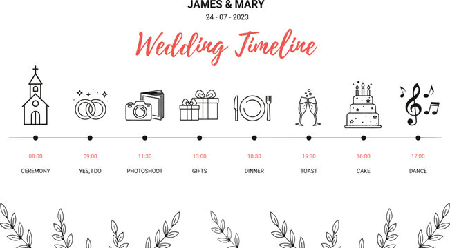 Elegant Wedding Timeline Infographic Template with Schedule Icons Line Art and Floral Elements for Event Planning Ceremony and Invitation Layout Designs