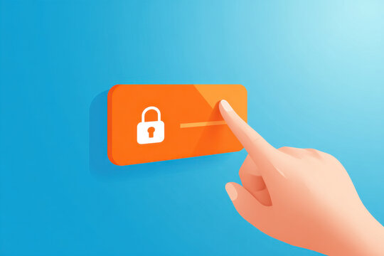 Finger touch lock button security access authentication authorization login password account privacy protection blue background