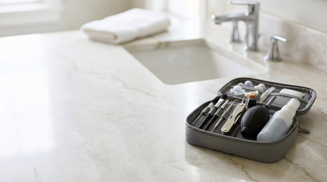 professional hearing aid maintenance kit in zippered gray travel case resting on bright marble bathroom vanity countertop