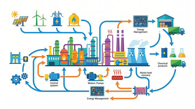 Chemical plant industry infographic illustrating energy management, control systems, and chemical product processes with various energy sources and machinery components