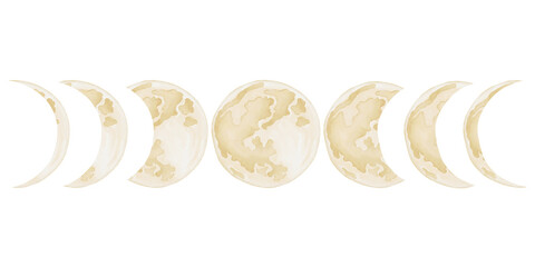 Illustration of moon phases with watercolor texture displaying lunar cycle from crescent to full moon arranged in sequence against a plain white backdrop. © Anna Garifulina 
