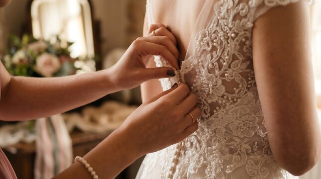Bridesmaid helping the bride fasten her beautiful lace wedding dress on her wedding day