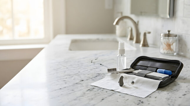 digital behind the ear hearing aid resting on microfiber cloth with professional cleaning spray and tool kit on marble counter