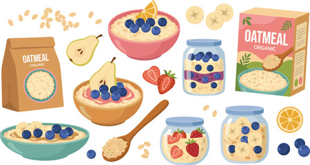 Organic Oatmeal Breakfast Vector Element Set with Porridge Bowls Overnight Oats Jars Packaging Box and Fresh Berries for Healthy Food Designs © Hosneara