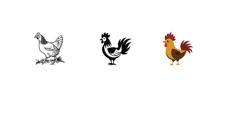 Illustration of three different chicken icons isolated on a clean white studio background.