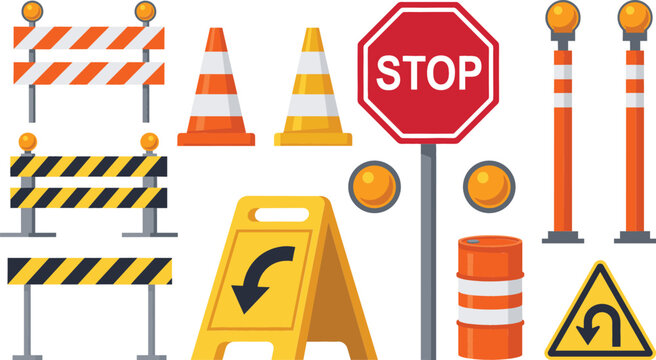 Road Construction and Traffic Safety Element Set with Barriers Stop Sign Cones and Warning Lights for Street Maintenance Graphic Vector Designs