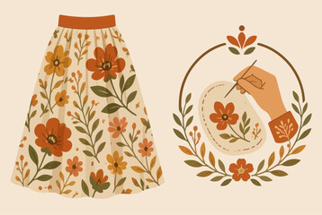 Orange floral skirt and hand embroidery hoop with flowers. © intania