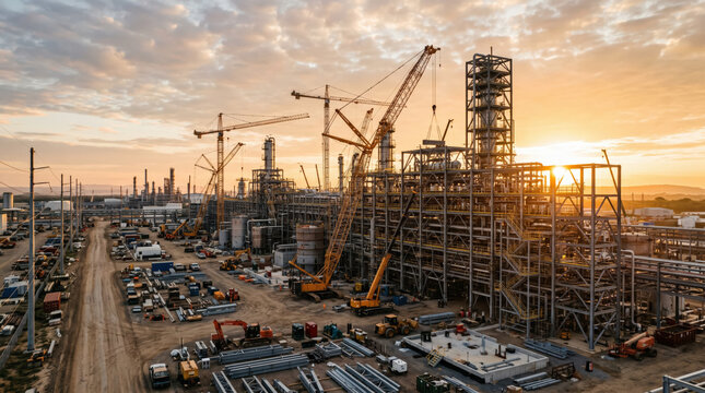Chemical plant refinery under construction with cranes, pipes, and machinery, showcasing industrial activity at sunset in an expansive factory setting