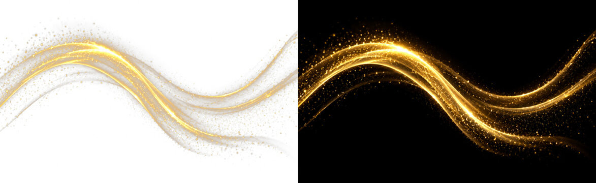 Flowing golden light leak transparent PNG overlay with radiant curved light trails, on transparent background