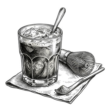 ced matcha green tea in glass with bamboo whisk and powder spoon. Vintage engraving vector sketch for cafe menu or logo design.