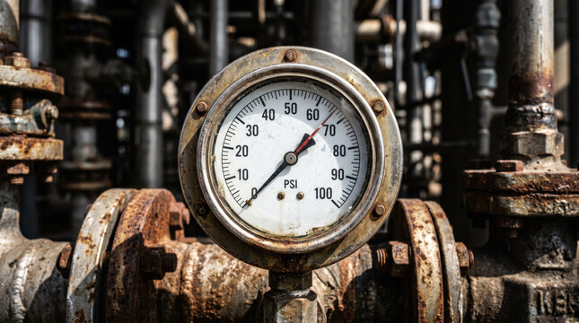 Pressure gauge displaying 60 PSI on industrial piping in a chemical plant, with rusted metal components and valves visible in the background