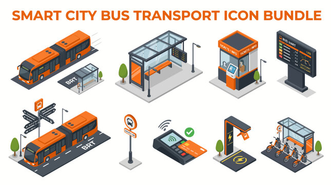 Smart City Bus Transport BRT Isometric Icon Bundle and Modern Transit Infrastructure