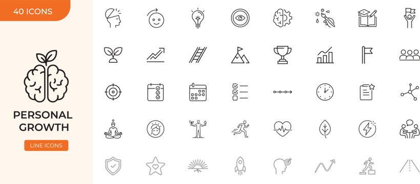 Personal Growth Thin Line Icons Set for Self Development, Success and Life Goals
