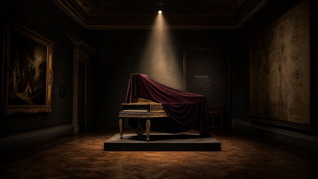 harpsichord. A museum gallery with a single harpsichord covered in velvet under a dramatic spotlight. event programs, museum guides, designed for cultural heritage projects and event programs.