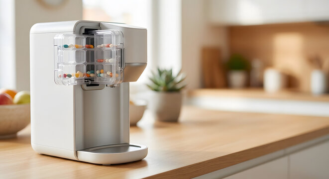 electronic automated pill dispenser with clear medication sorting cartridge on wooden kitchen counter for prescription adherence