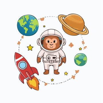 Monkey Astronaut in Space with Rocket and Planets
