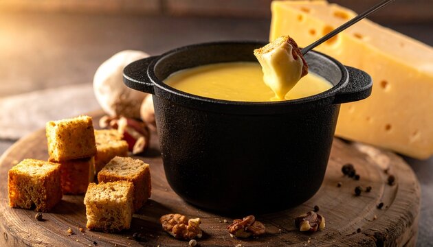 Gourmet swiss cheese fondue in a black pot with toasted bread cubes and mushrooms