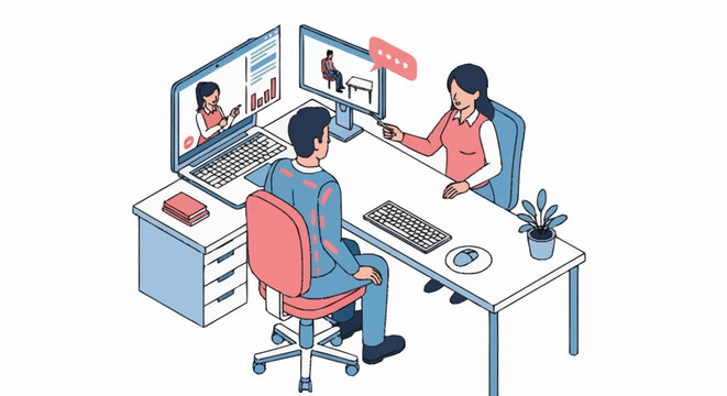 Two people having a video conference call, one person is interviewing the other, remote work concept.