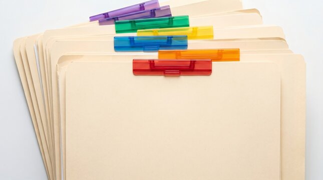 Stack of Manila File Folders With Rainbow Colored Clips for Organization