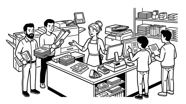 Small Business Printing Service: Customers and Staff at Counter with Copy Machines