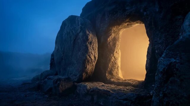 Empty stone tomb with open entrance at dawn. Glowing resurrection site in misty landscape. Christian biblical scene representing hope and miracle of new beginning.