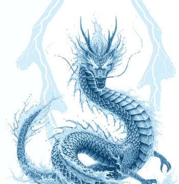 Majestic Mythical Dragon Emerging from Water Waves Illustration Art Style 127