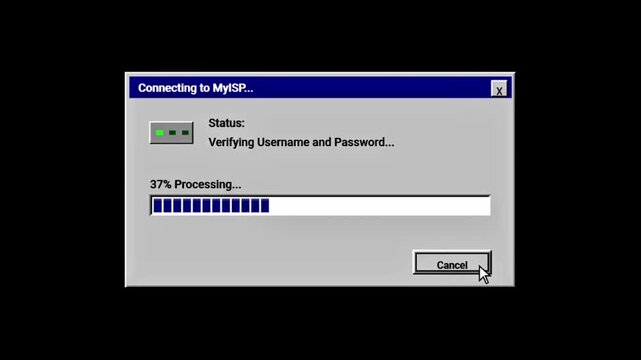 Vintage dial-up internet connection process on a retro computer interface