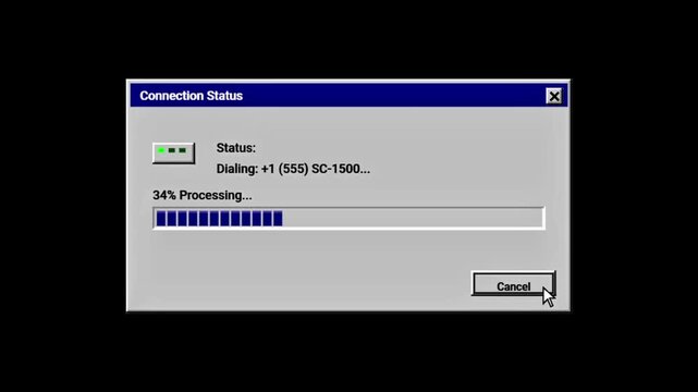 Retro dial-up modem internet connection status window with progress bar