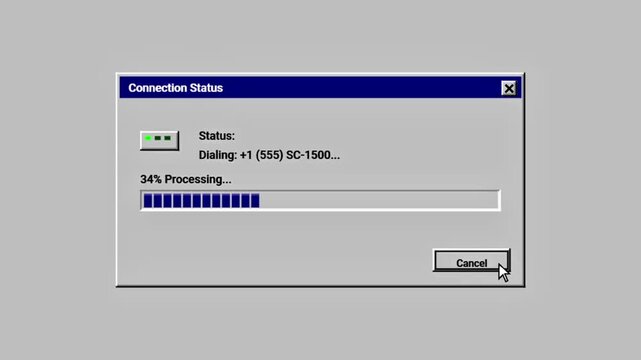 Retro computer screen showing dial-up internet connection status and progress bar