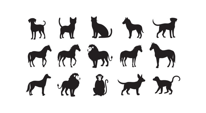 Collection of diverse animal silhouettes including dogs cats horses lions and monkeys for graphic design and illustration projects.